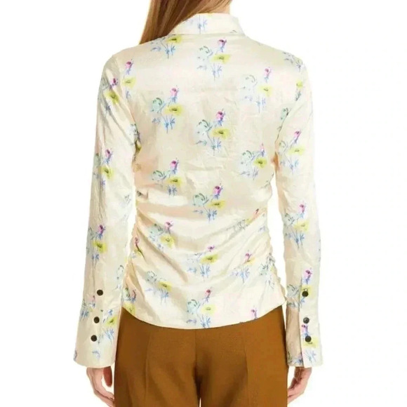 NWT GANNI Yellow Floral Satin Blouse Ruched Crinkled Button Front Top - Picture 4 of 11
